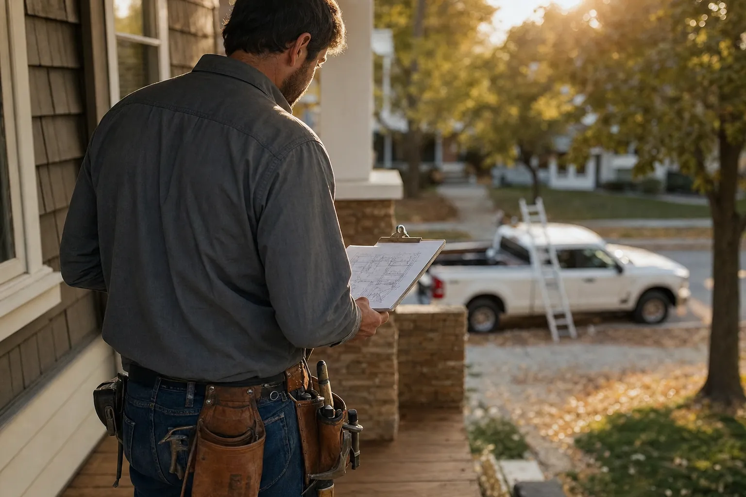 A contractor in a tool belt reviewing plans on the porch of a Cleveland-area home at golden hour