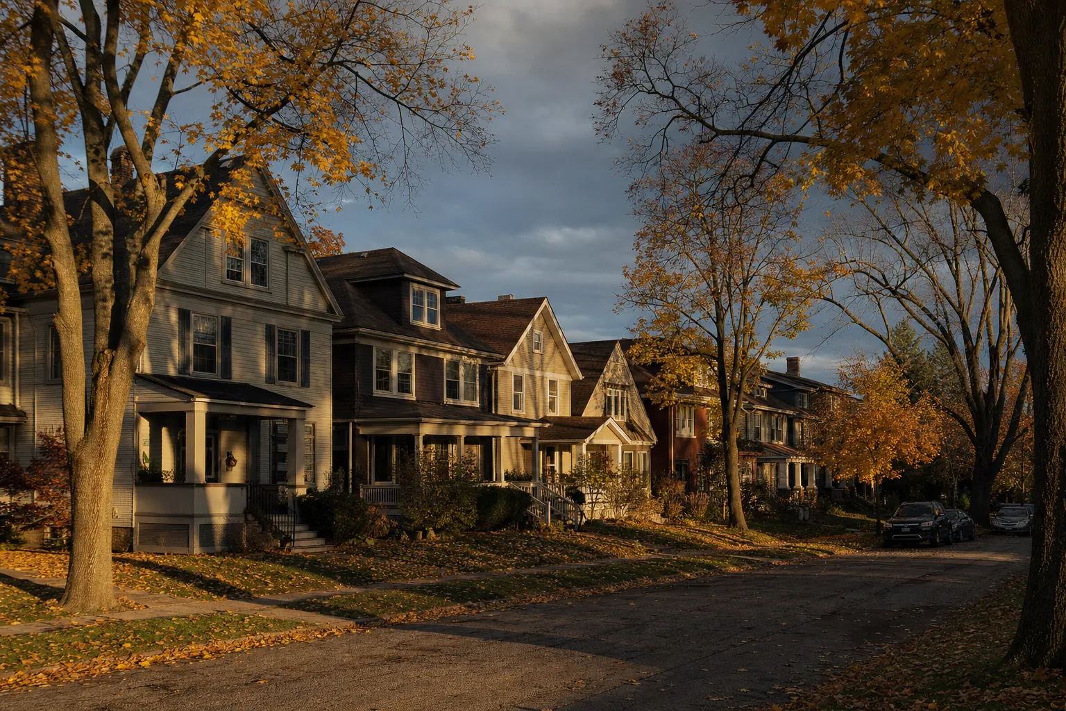 A tree-lined Cleveland street of century-old homes in autumn light