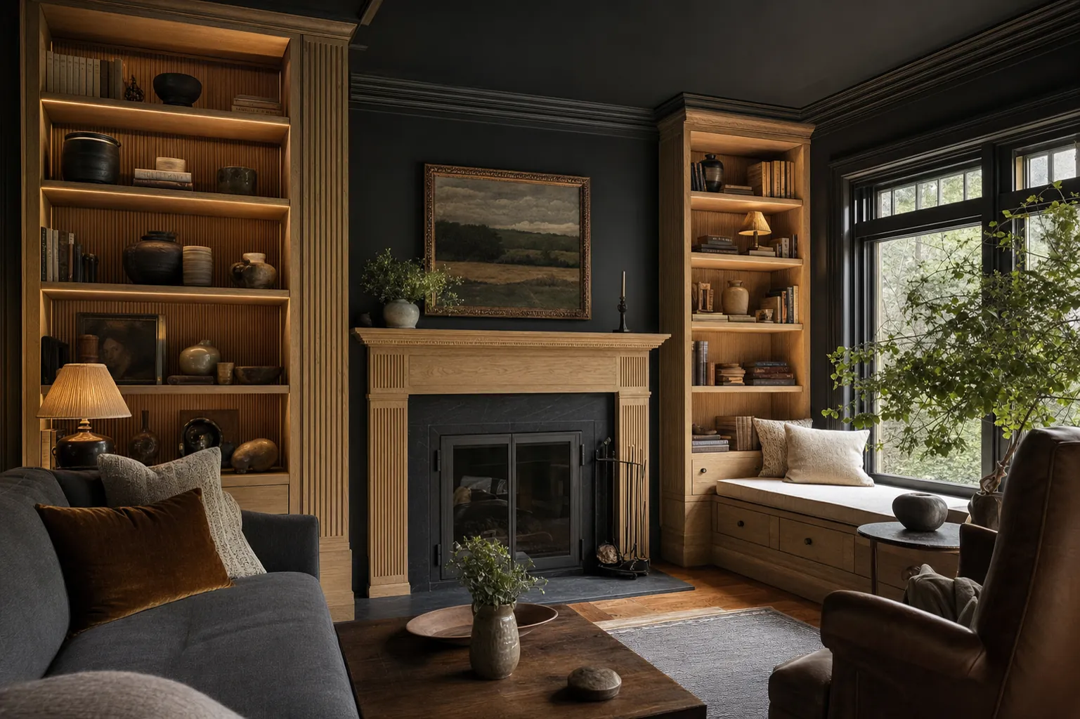 Floor-to-ceiling white oak built-in bookcases and window seat flanking a fireplace