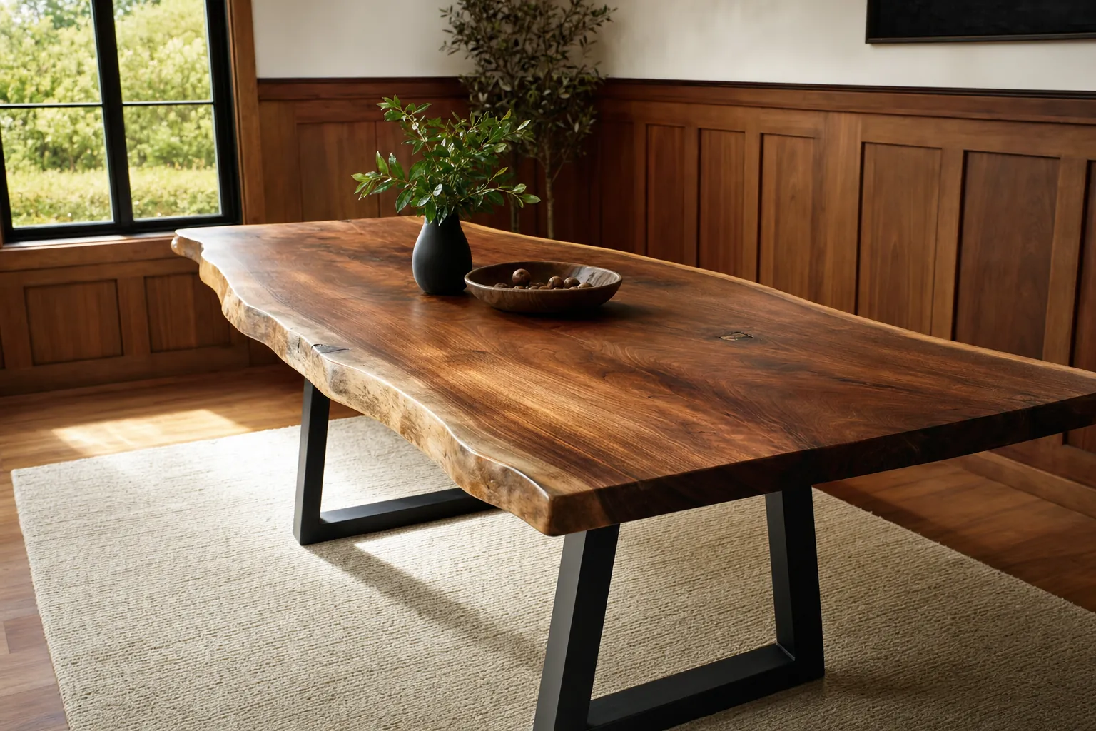Handcrafted live-edge walnut dining table with a black steel base in a paneled dining room