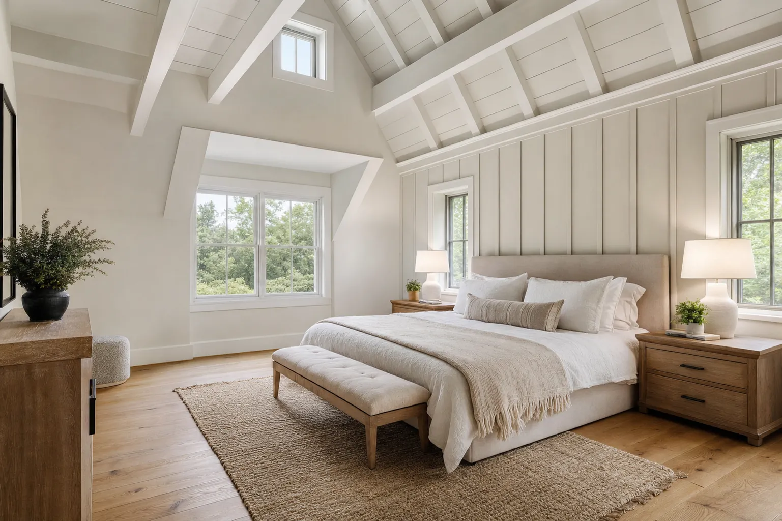 Bright bedroom addition with vaulted beamed ceiling, dormer windows and oak floors