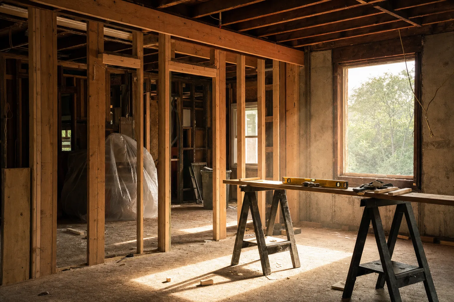 Interior renovation in progress showing new framing, a header and a tidy jobsite
