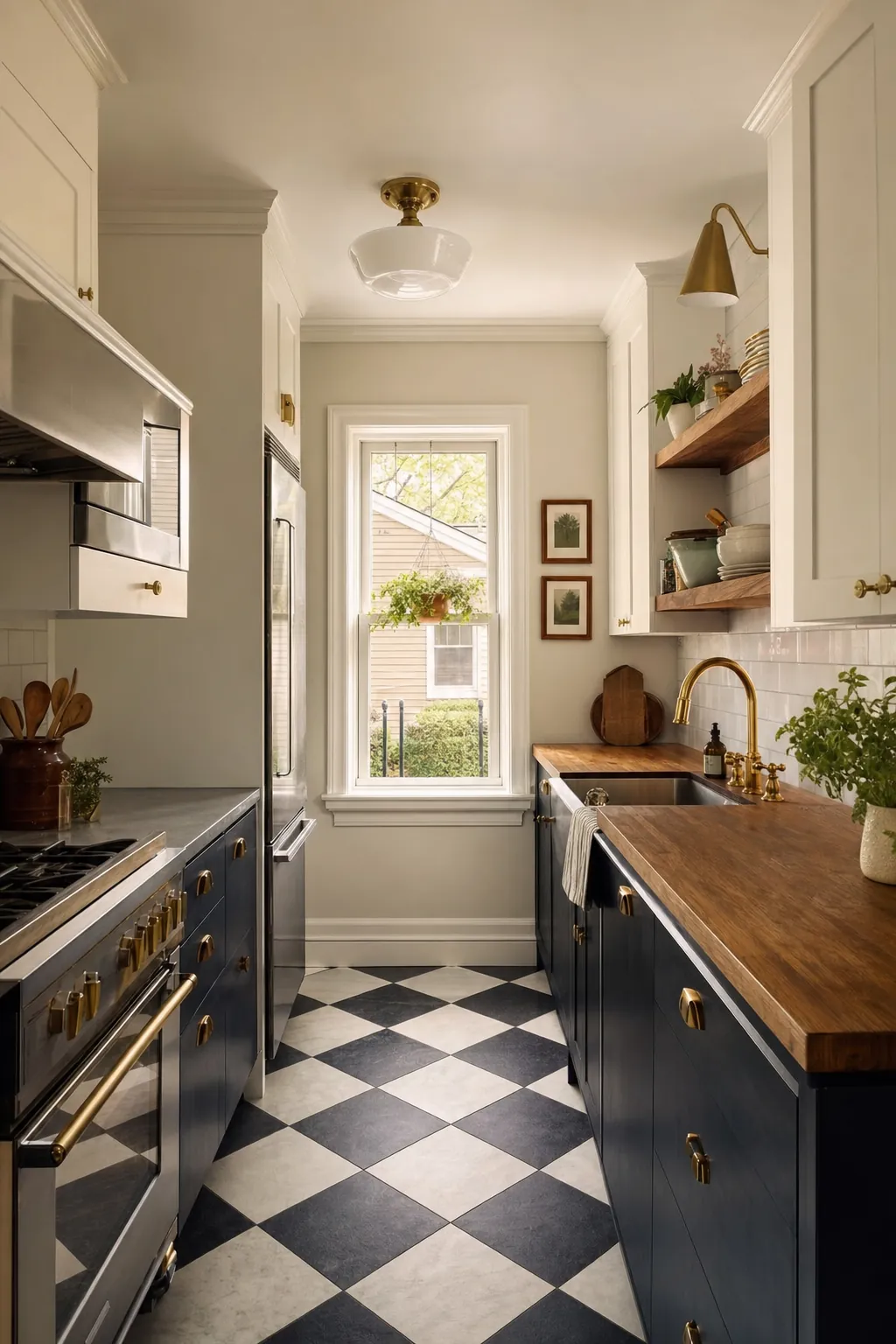 Galley kitchen with navy lower cabinets, butcher block counter and checkerboard floor