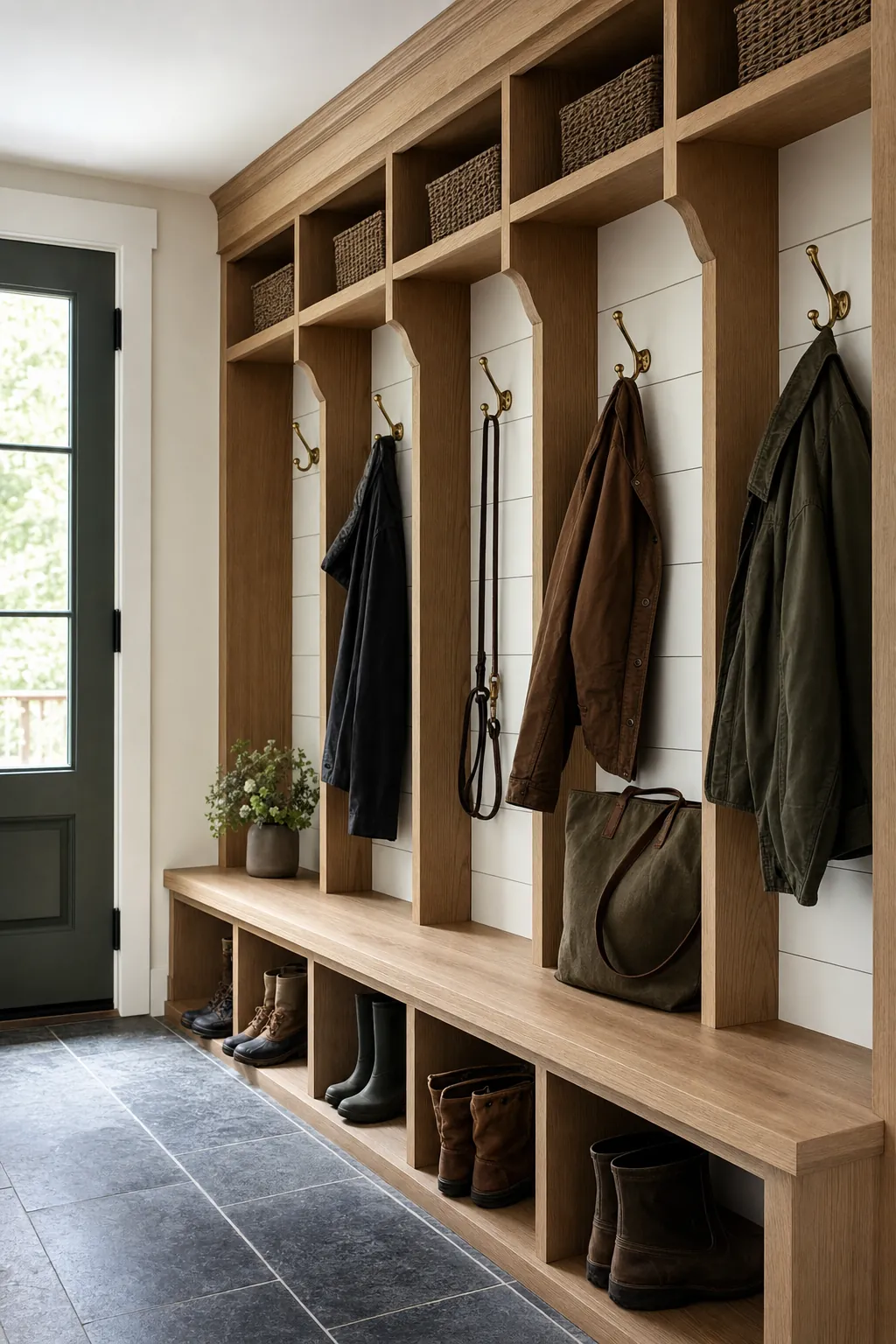 Custom white oak mudroom lockers with bench, cubbies and brass hooks