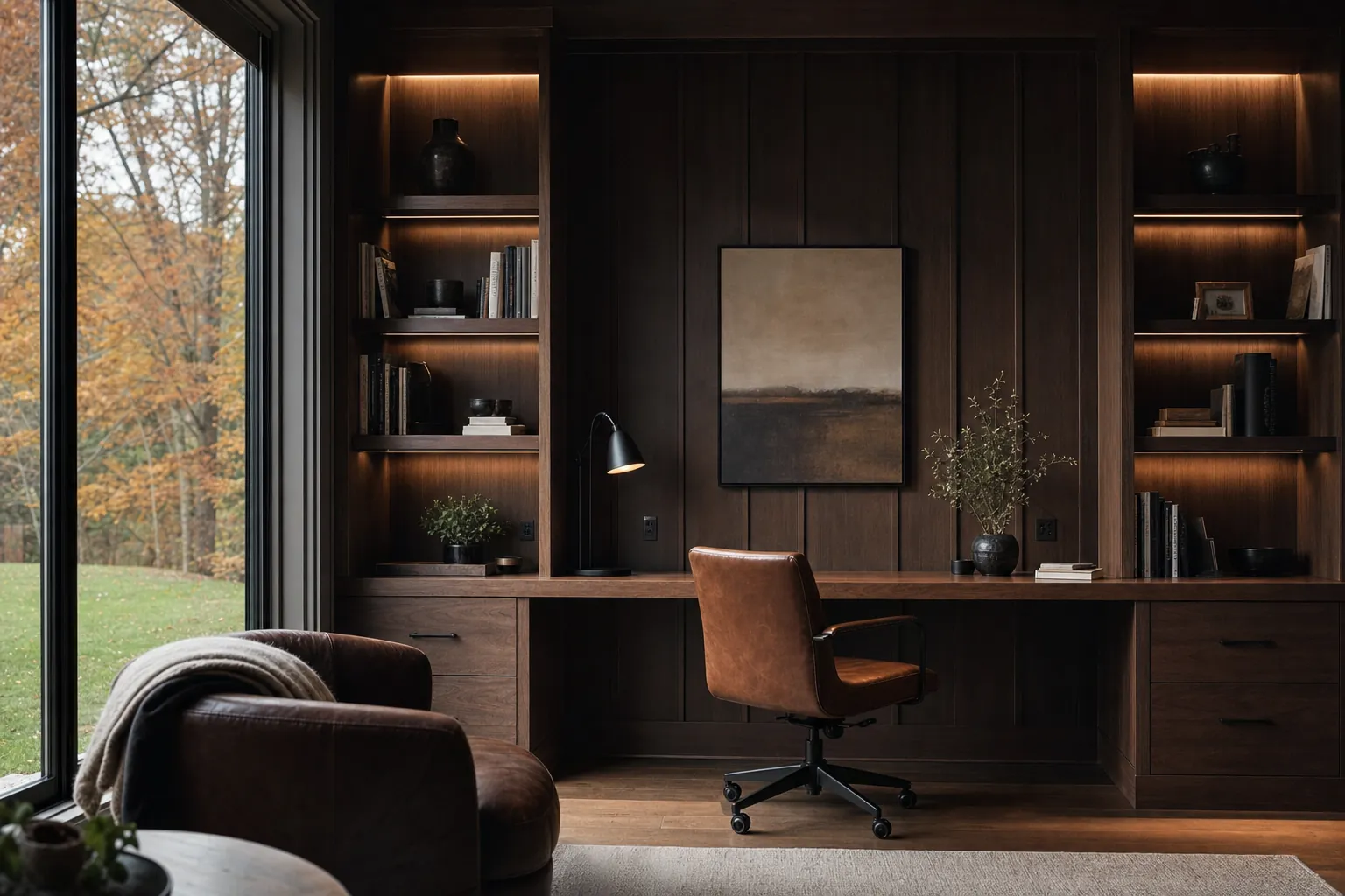 Home office with built-in walnut desk and shelving lit by integrated lighting