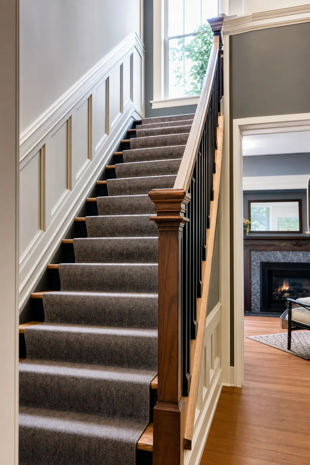 Restored staircase with new oak treads, black risers and paneled wainscoting