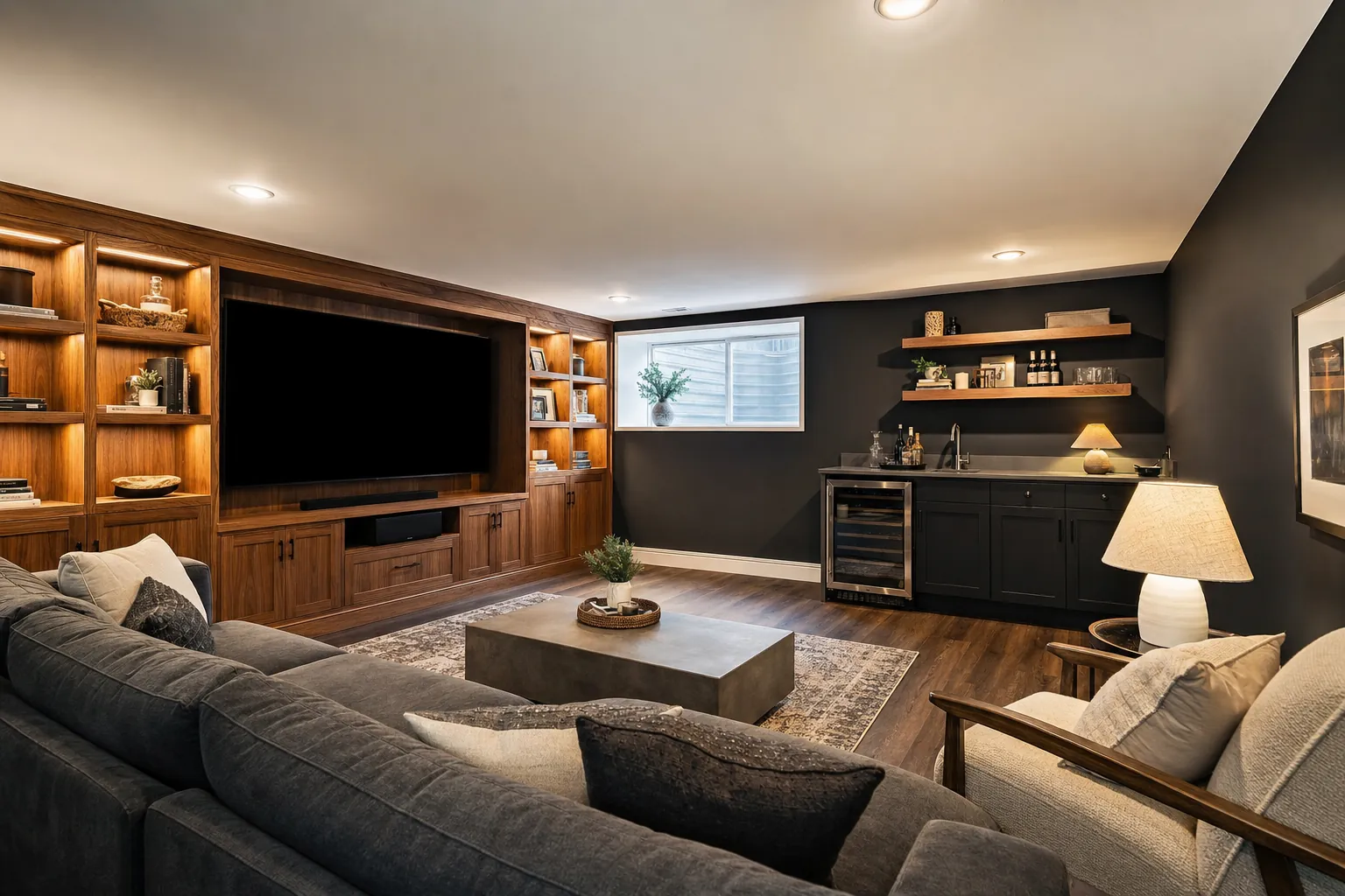 Finished basement family room with walnut built-in media wall, wet bar and charcoal walls