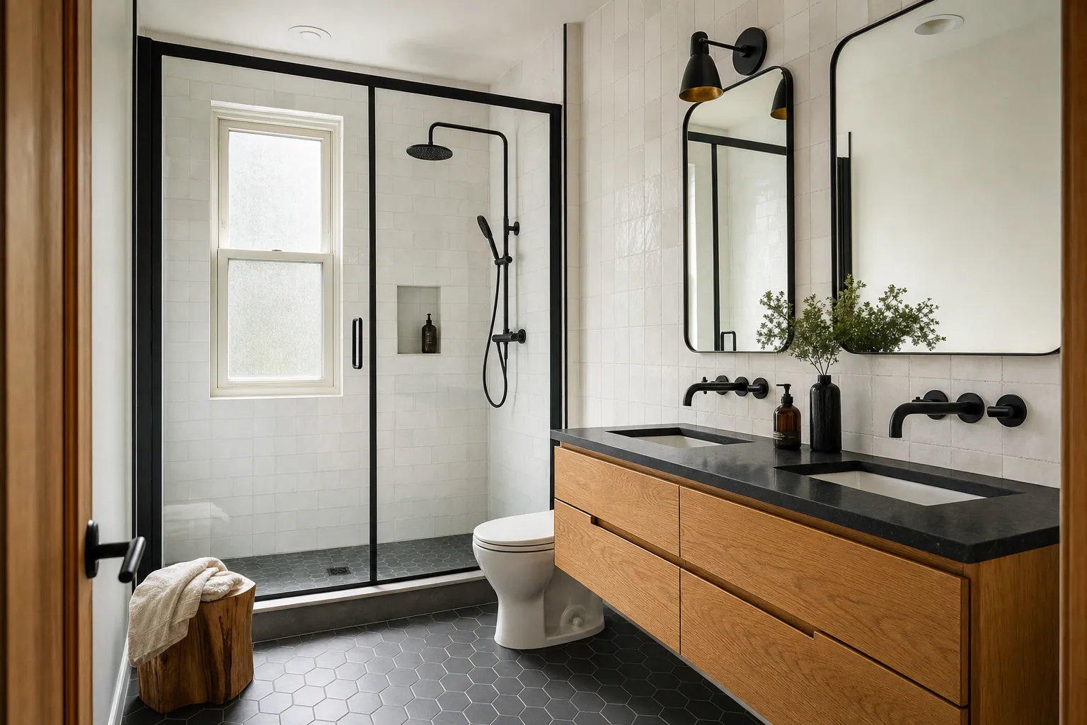 Remodeled bathroom with black-framed glass shower, white tile and a floating white oak vanity
