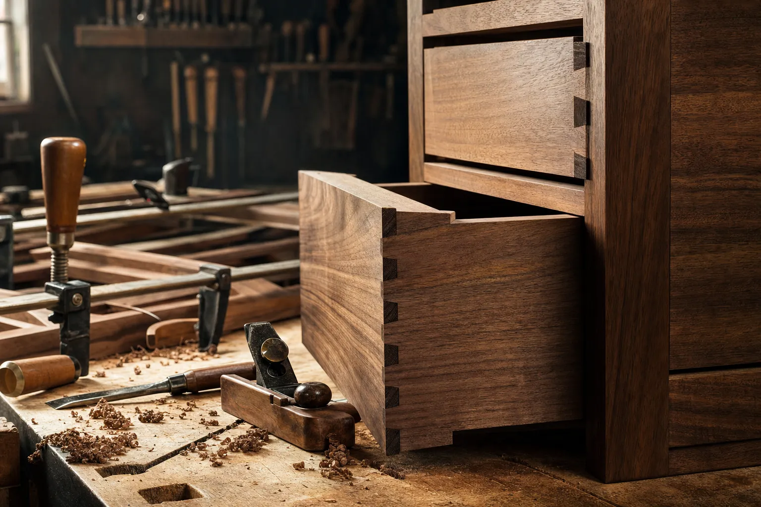 Hand-cut dovetail joints on a walnut drawer beside a hand plane on a workbench